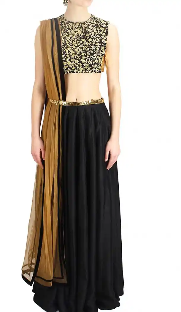 Black Dupioni Raw Silk Designer Readymade Lehenga Choli Online | FH434368912