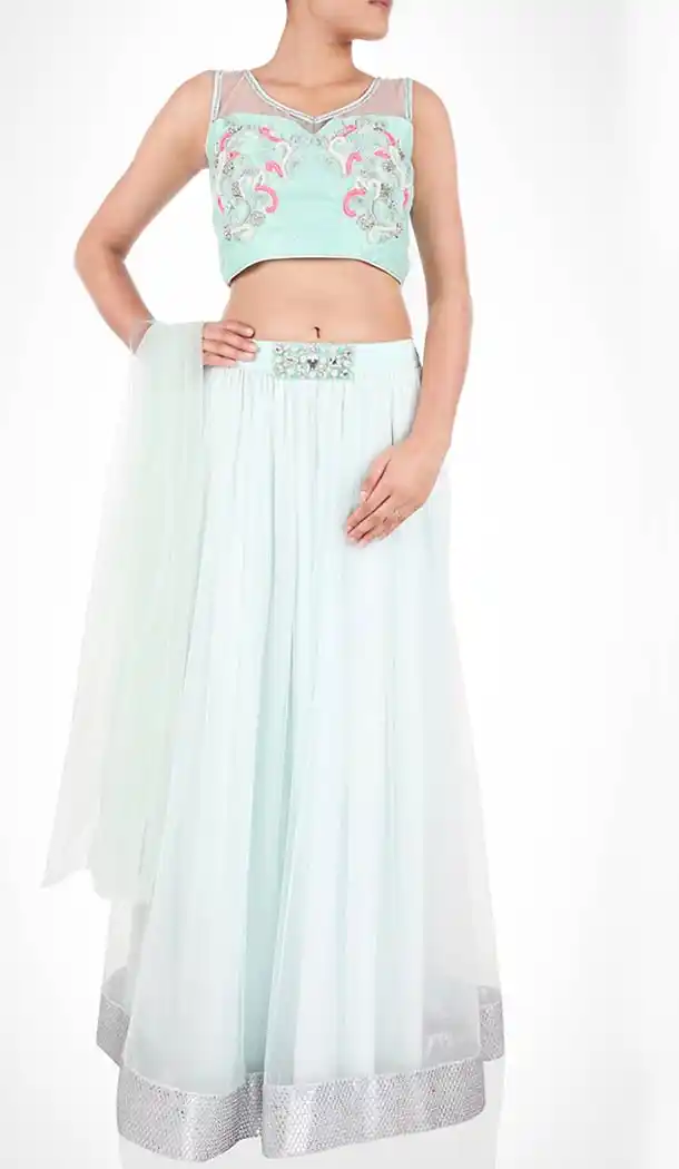 Light Turquoise Net Designer Readymade Lehenga Choli Online | FH434368914