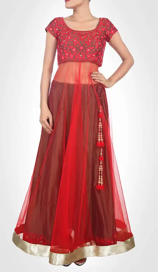 Deep Scarlet Net Designer Readymade Lehenga Choli Online | FH434468917