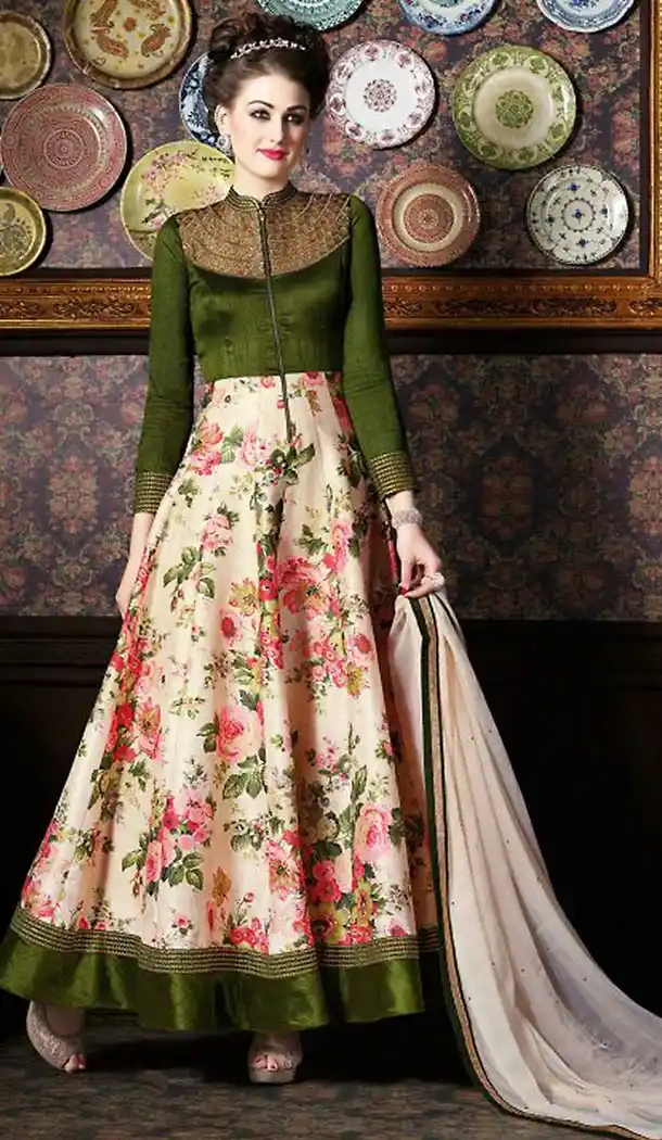Mehendi Green Silk Pakistani Long Anarkali Salwar Kameez Collection | FH434868955