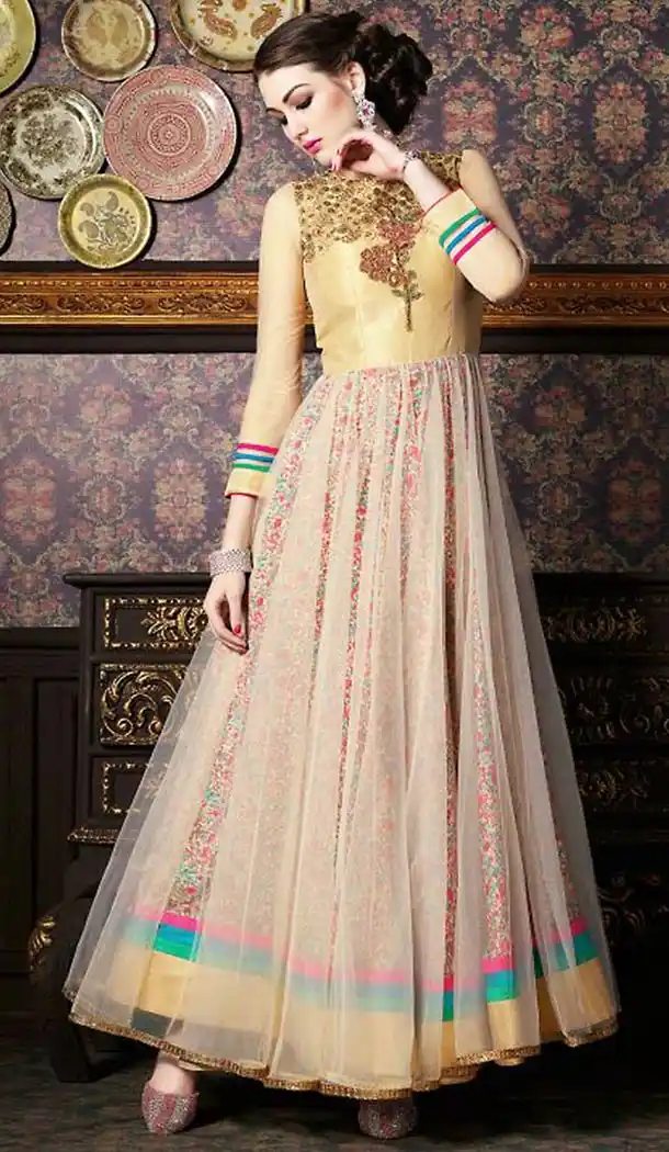 French Beige Satin Pakistani Long Anarkali Salwar Kameez Collection | FH434868958