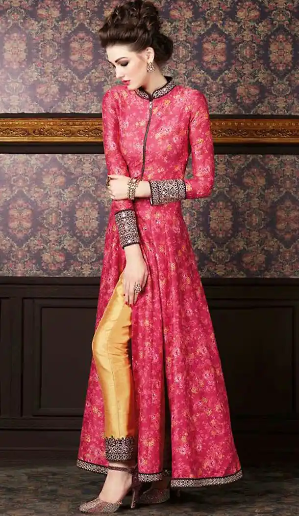 Deep Pink Silk Pakistani Long Anarkali Salwar Kameez Collection | FH434868960