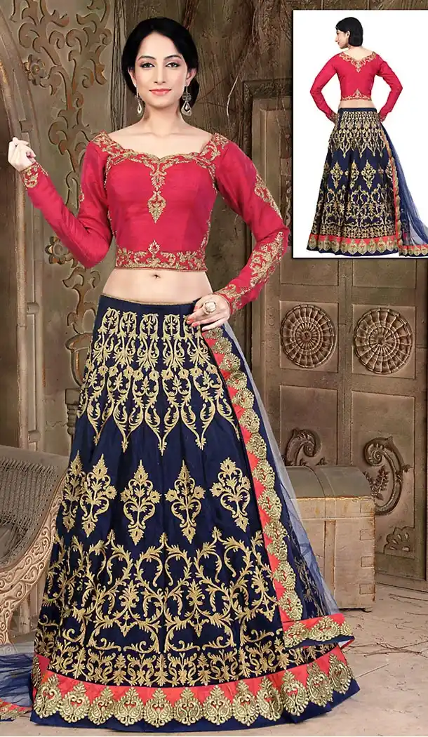 Navy Blue Dupioni Raw Silk Bridal Wedding Readymde Lehengas Choli with Dupatta | FH435268996