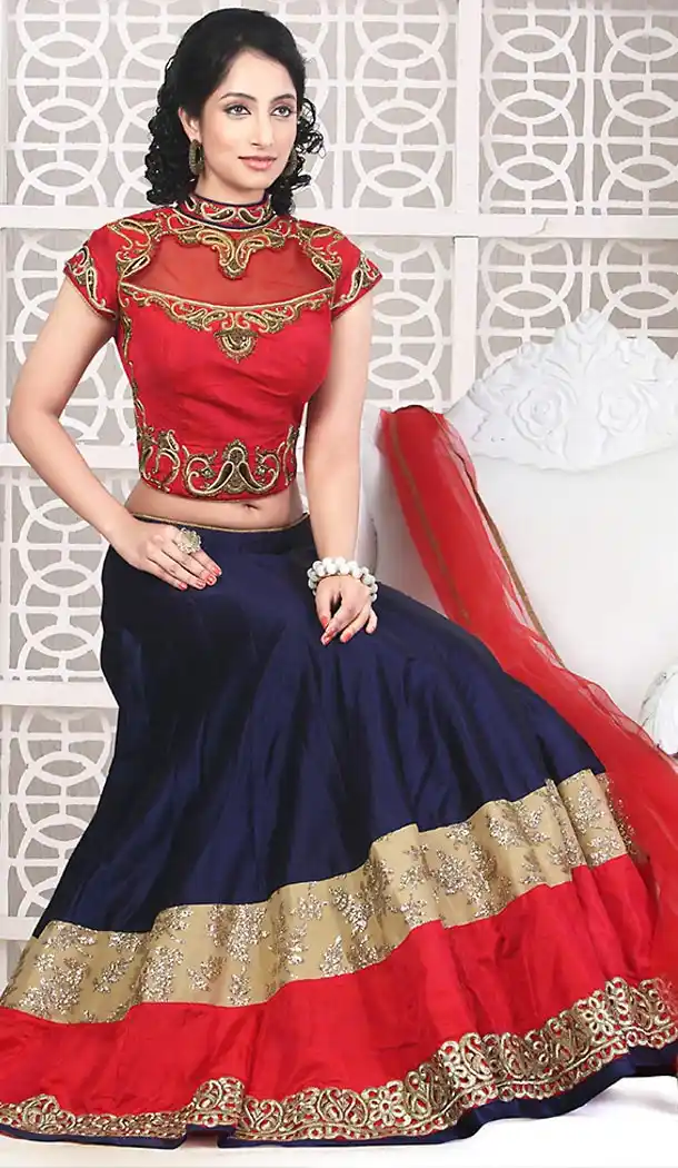 Navy Blue Dupioni Raw Silk Bridal Wedding Readymde Lehengas Choli with Dupatta | FH435268999