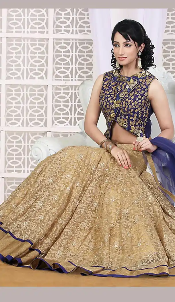 Tan Brown Blue Net Bridal Wedding Readymde Lehengas Choli with Dupatta | FH435269000