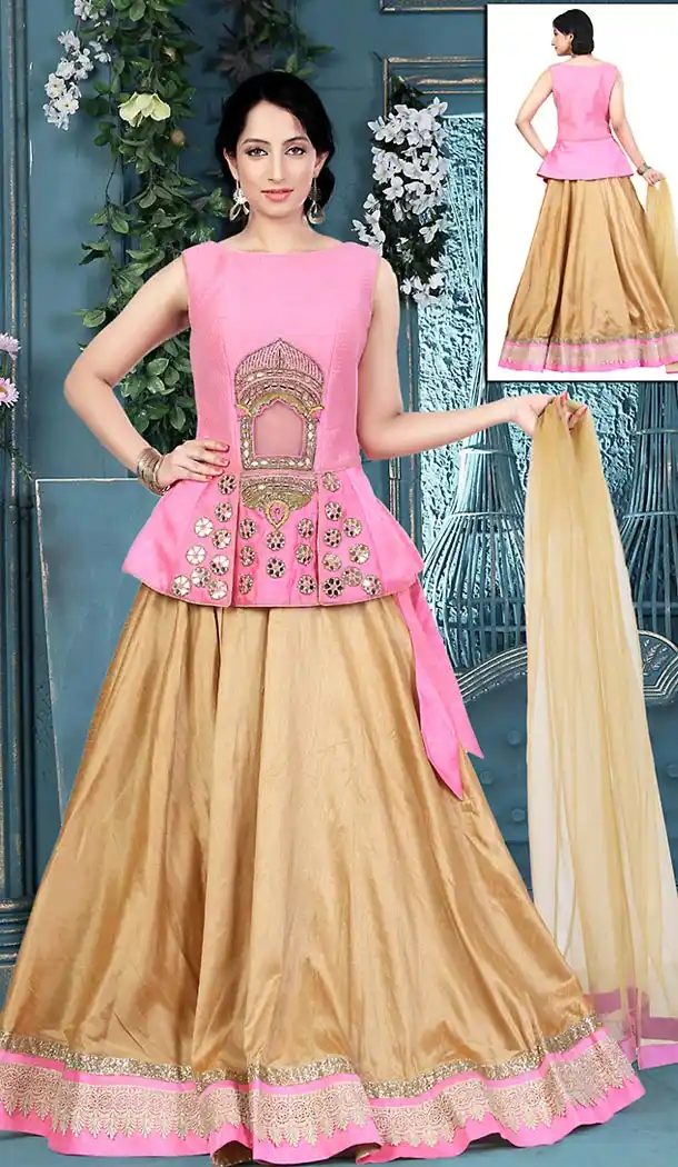 French Beige Dupioni Raw Silk Bridal Wedding Readymde Lehengas Choli with Dupatta | FH435269001