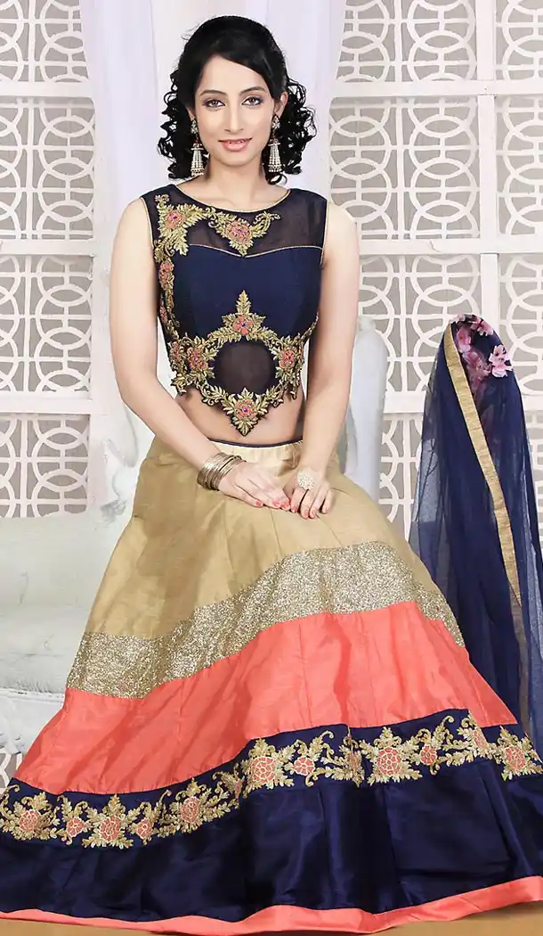 French Beige Dupioni Raw Silk Bridal Wedding Readymde Lehengas Choli with Dupatta | FH435269002