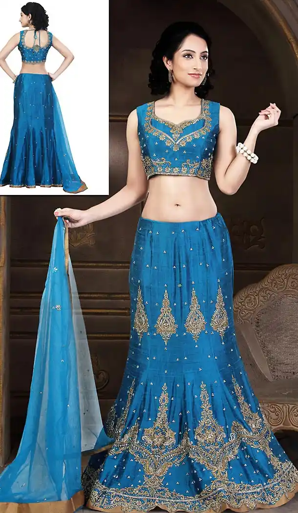 Cyan Blue Dupioni Raw Silk Bridal Wedding Readymde Lehengas Choli with Dupatta | FH435269006