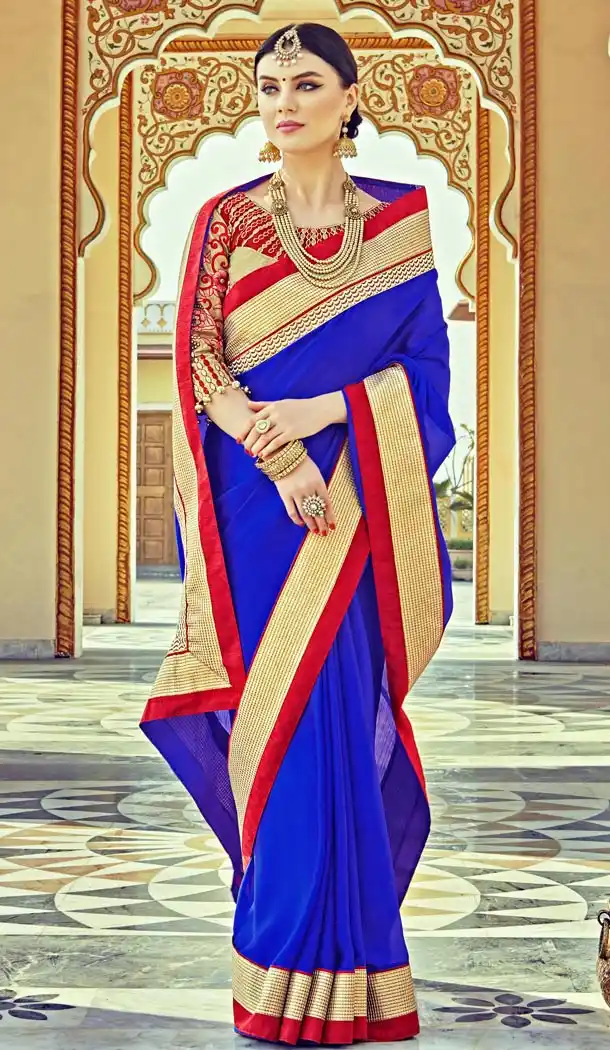 Royal Blue Satin Traditional Contemporary Sarees with Stitched Blouse  | FH435469026