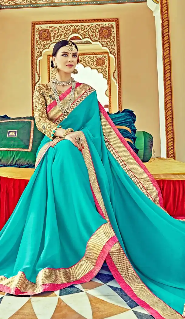 Turquoise Satin Traditional Contemporary Sarees with Stitched Blouse  | FH435469027