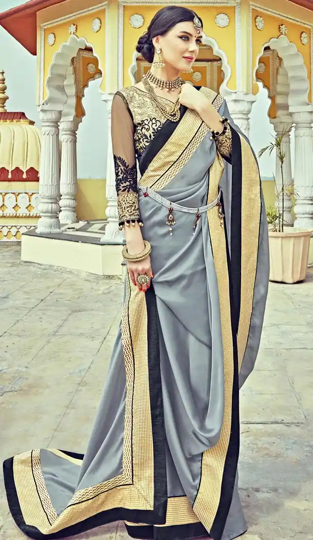 Slate Gray Satin Traditional Contemporary Sarees with Stitched Blouse  | FH435469028