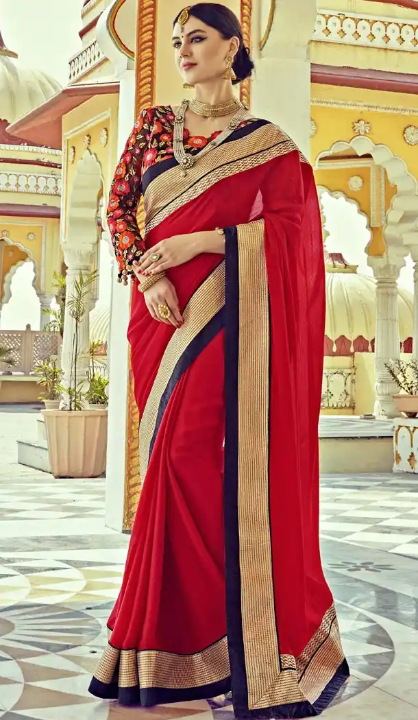 Red Satin Traditional Contemporary Sarees with Stitched Blouse  | FH435469031