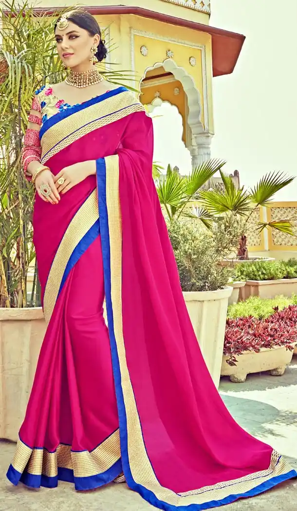 Deep Pink Satin Traditional Contemporary Sarees with Stitched Blouse  | FH435469032