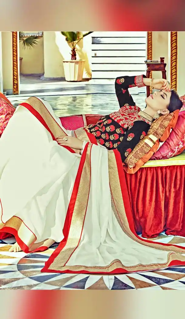 Off White Satin Traditional Contemporary Sarees with Stitched Blouse  | FH435469035