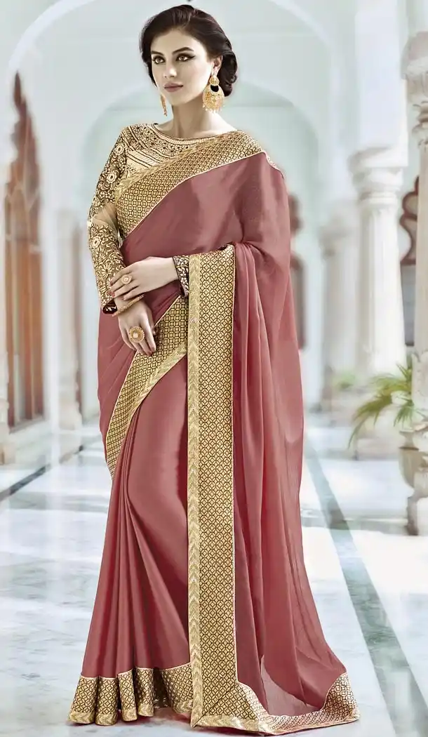 Salmon Satin Traditional Contemporary Sarees with Stitched Blouse  | FH435469038