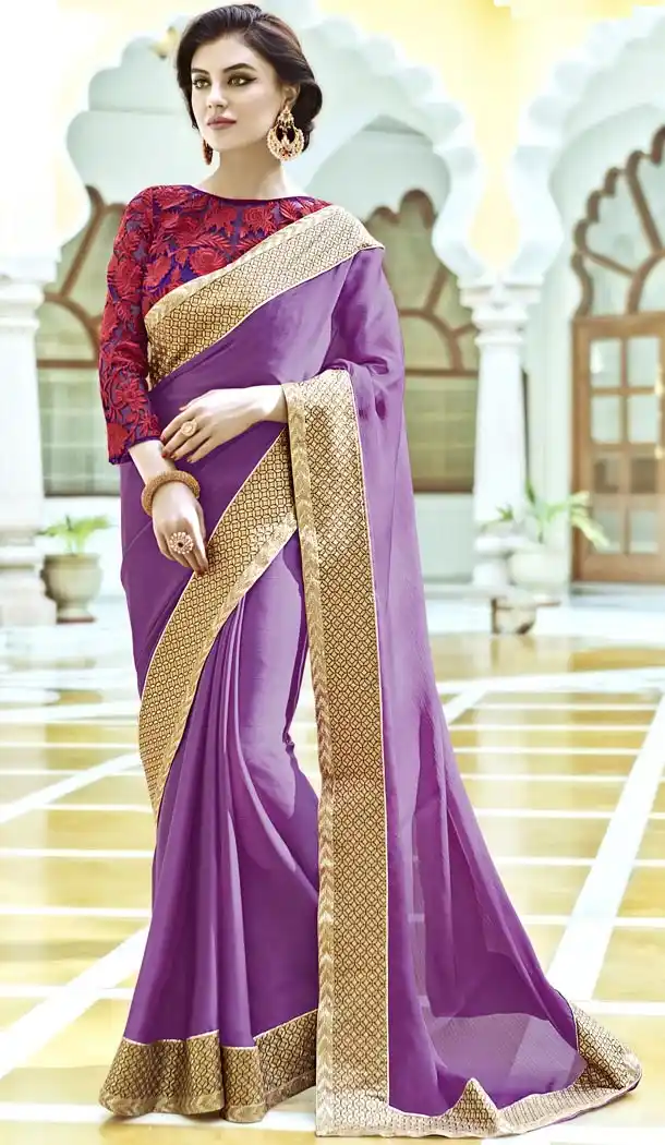 Lavender Satin Traditional Contemporary Sarees with Stitched Blouse  | FH435469039