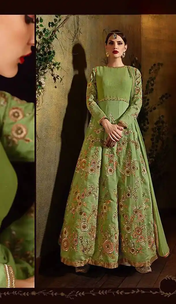 Chrome Green Raw Silk Stylish Pakistani Designer Stitched Churidar Kameez with Dupatta | FH436369141