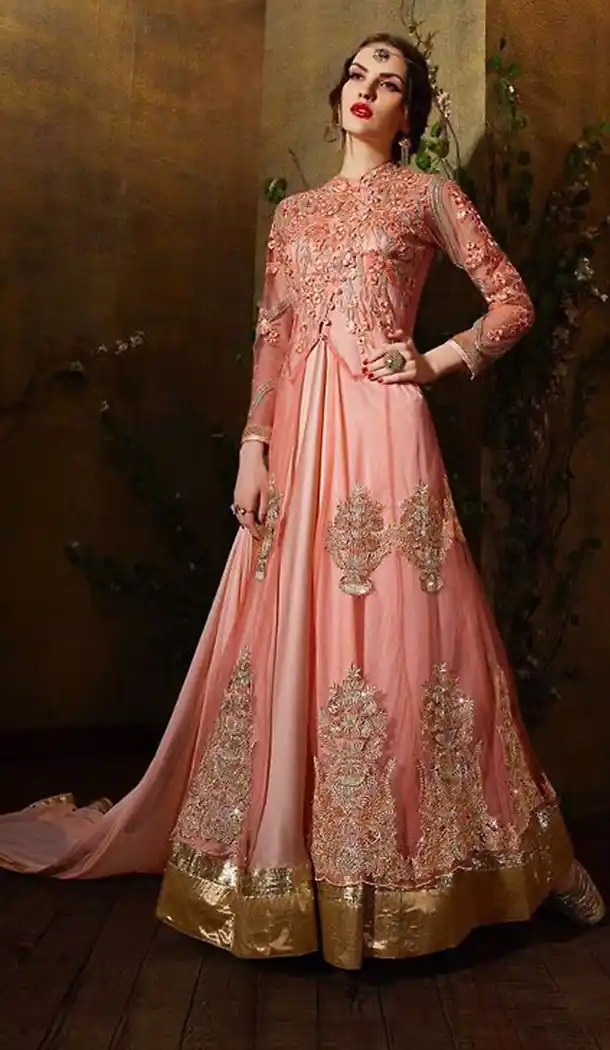 Salmon Net Stylish Pakistani Designer Stitched Lehenga Kameez with Dupatta | FH436369145