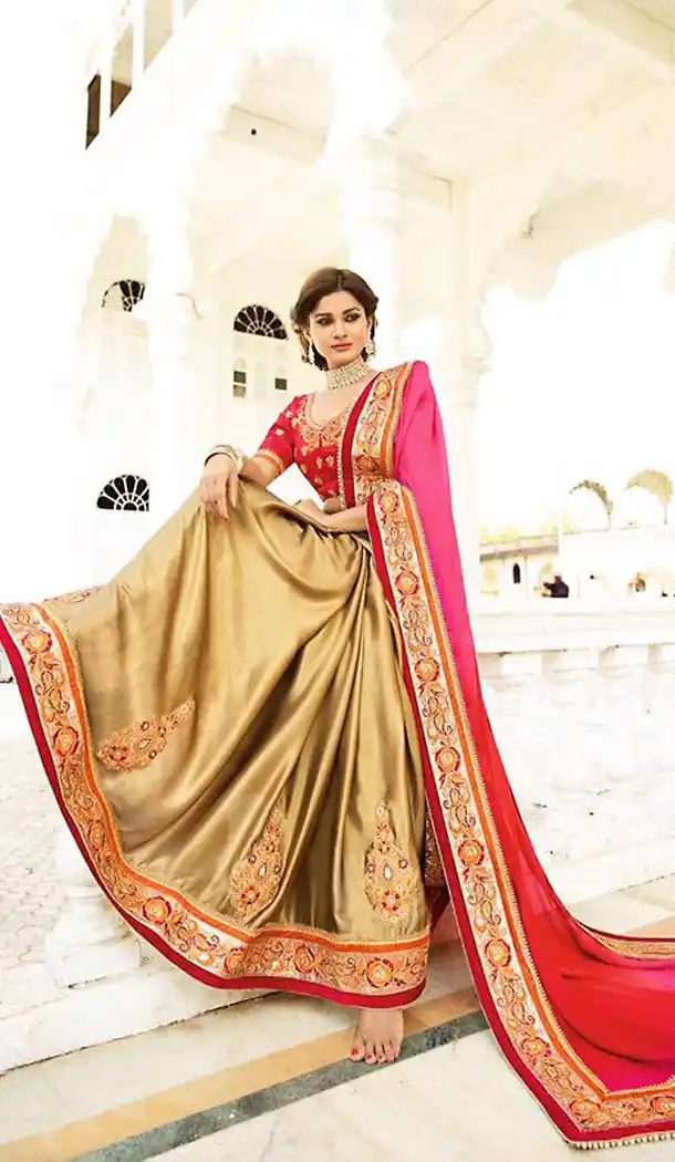 Tan Brown Satin Traditional Look Contemporary Sarees with Stitched Blouse  | FH436569161