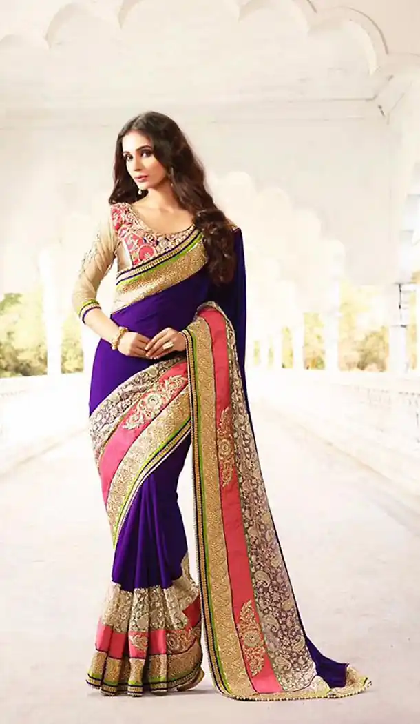 Purple Georgette Traditional Look Contemporary Sarees with Stitched Blouse  | FH436569163