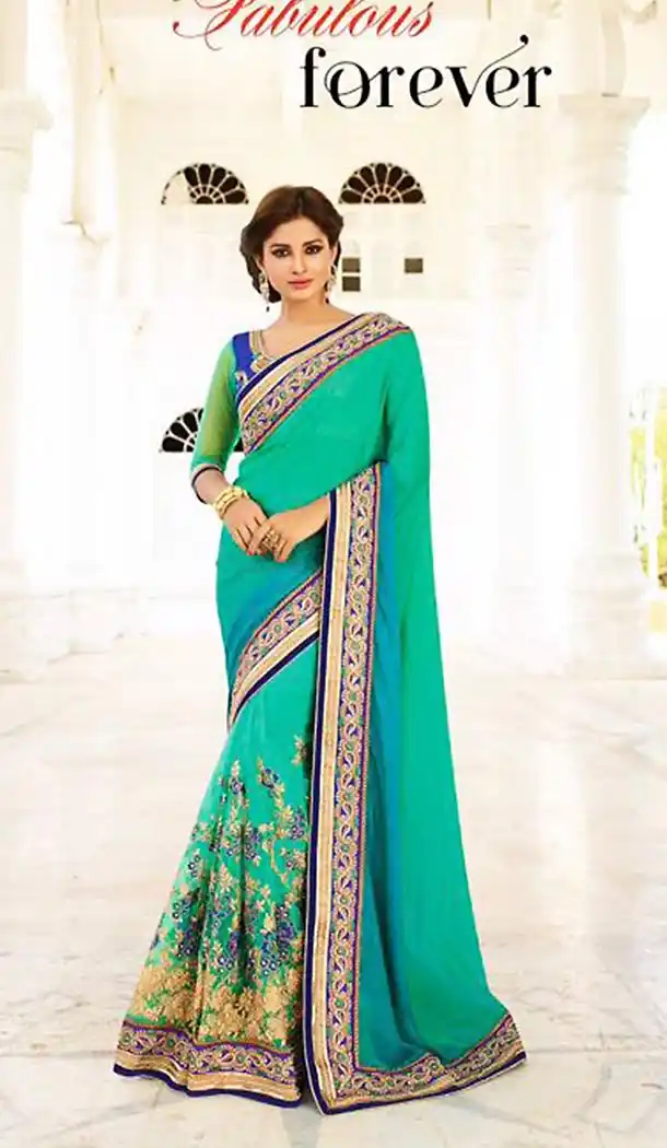 Emerald Georgette Traditional Look Contemporary Sarees with Stitched Blouse  | FH436569165
