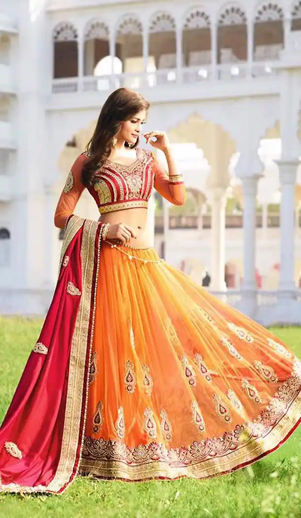 Orange Net Traditional Look Contemporary Sarees with Stitched Blouse  | FH436569166