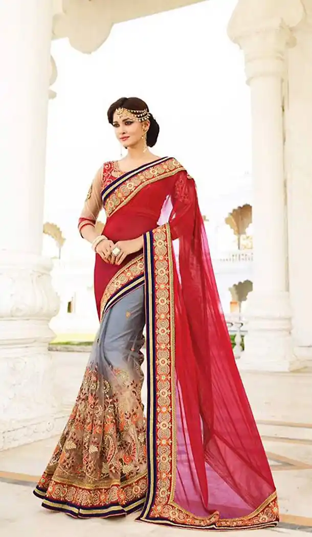 Slate Gray Chiffon,Net Traditional Look Contemporary Sarees with Stitched Blouse  | FH436569168