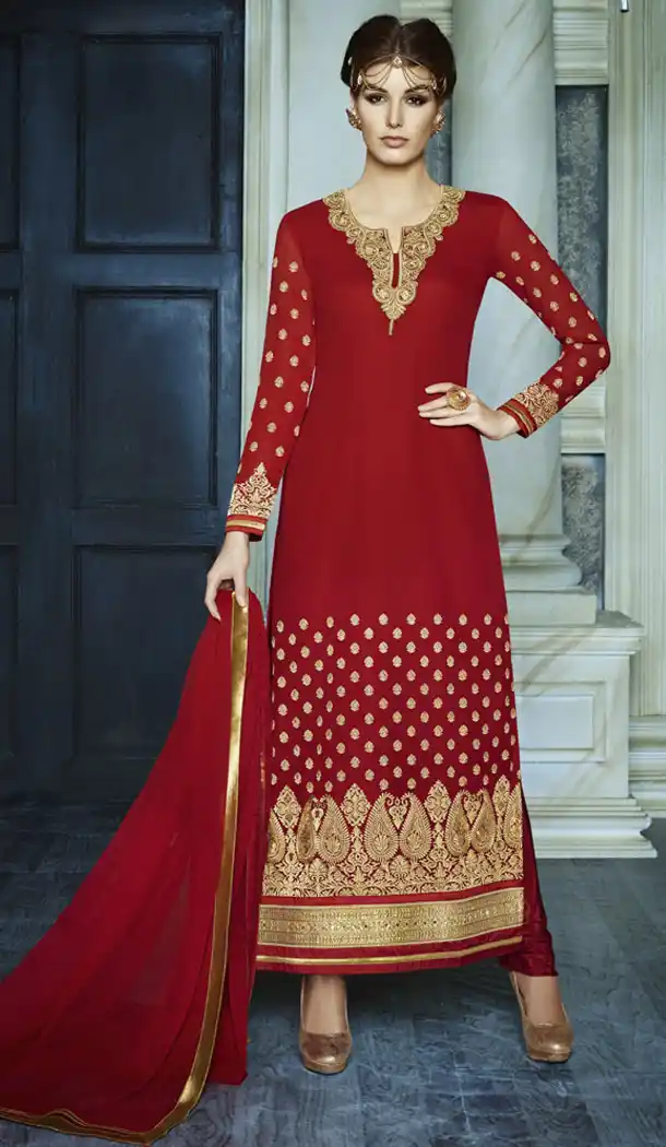 Latest Style Party Wear Stitched Churidar Suits in Georgette and Maroon Color with Dupatta | FH436670092