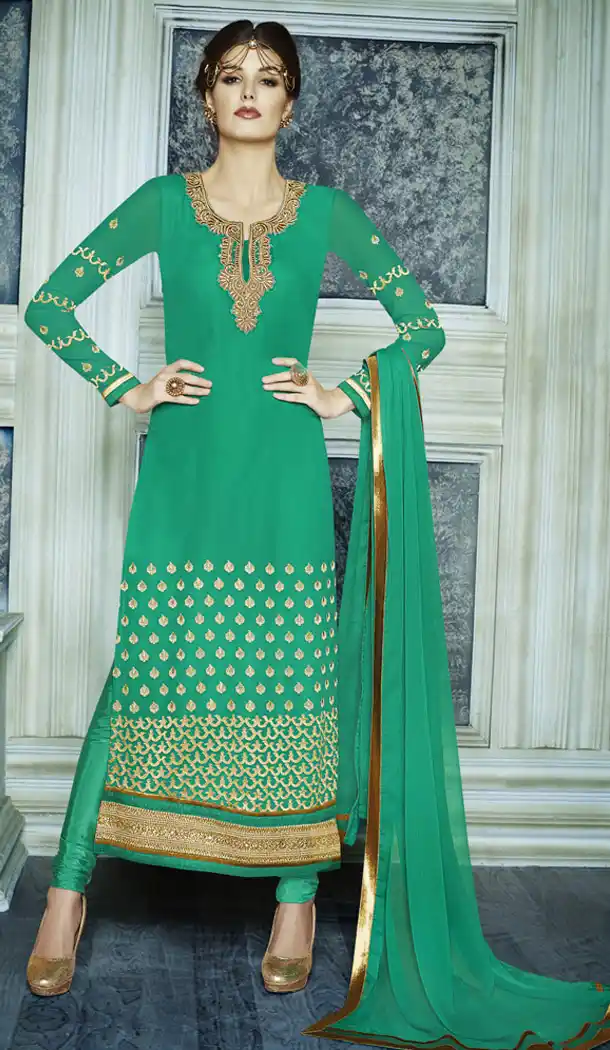 Latest Style Party Wear Stitched Churidar Suits in Georgette and Emerald Color with Dupatta | FH436670093