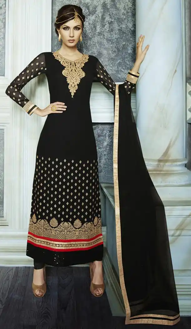 Latest Style Party Wear Stitched Churidar Suits in Georgette and Black Color with Dupatta | FH436670094