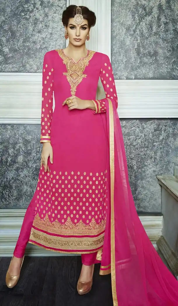 Latest Style Party Wear Stitched Churidar Suits in Georgette and Deep Pink Color with Dupatta | FH436670095