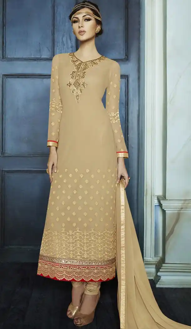 Latest Style Party Wear Stitched Churidar Suits in Georgette and Tan Brown Color with Dupatta | FH436670096