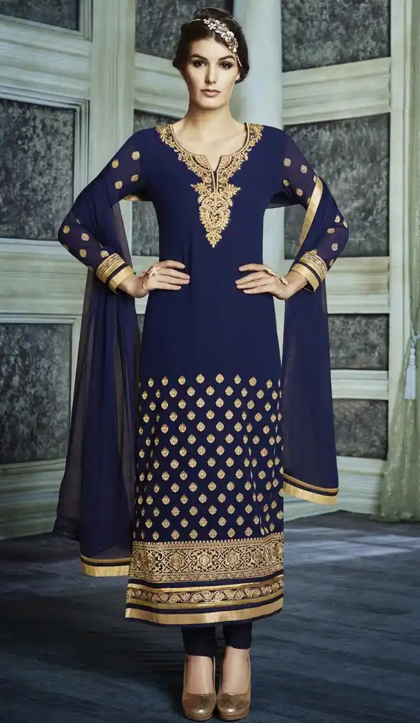 Latest Style Party Wear Stitched Churidar Suits in Net and Navy Blue Color with Dupatta | FH436670097