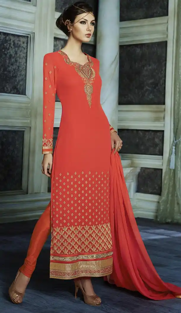 Latest Style Party Wear Stitched Churidar Suits in Net and Red Color with Dupatta | FH436670098