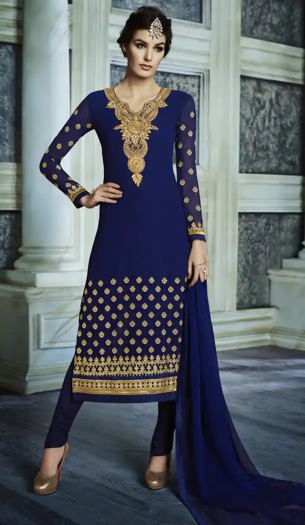 Latest Style Party Wear Stitched Churidar Suits in Net and Navy Blue Color with Dupatta | FH436670099