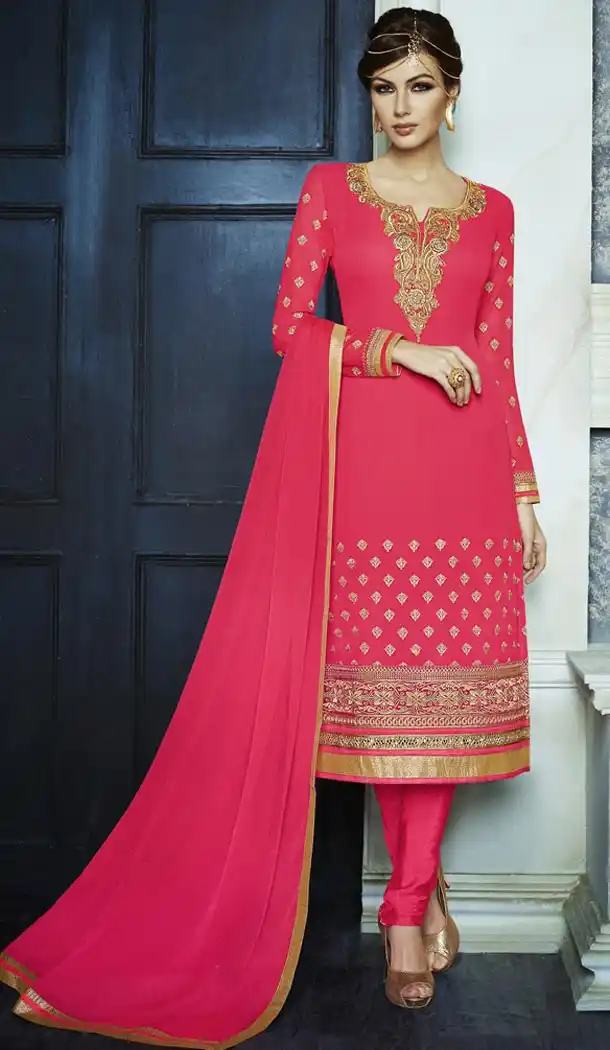 Latest Style Party Wear Stitched Churidar Suits in Net and Deep Pink Color with Dupatta | FH436670100