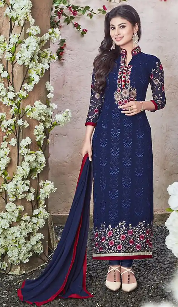 Navy Blue Georgette Straight Cut Stitched Churidar Kameez with Dupatta | FH436769178