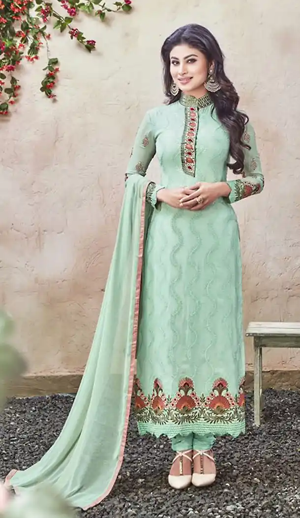 Aloe Vera Green Georgette Straight Cut Stitched Churidar Kameez with Dupatta | FH436769179