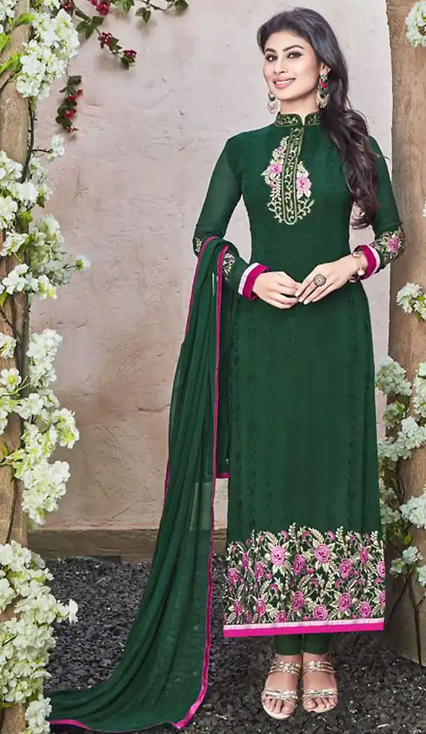Bottle Green Georgette Straight Cut Stitched Churidar Kameez with Dupatta | FH436769180