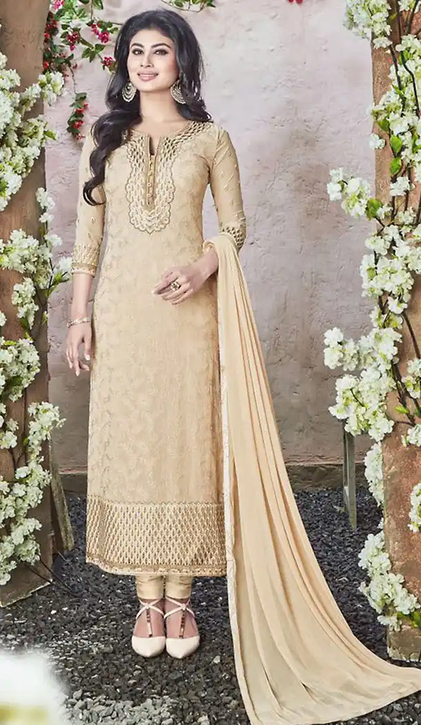 Tan Brown Georgette Straight Cut Stitched Churidar Kameez with Dupatta | FH436769181