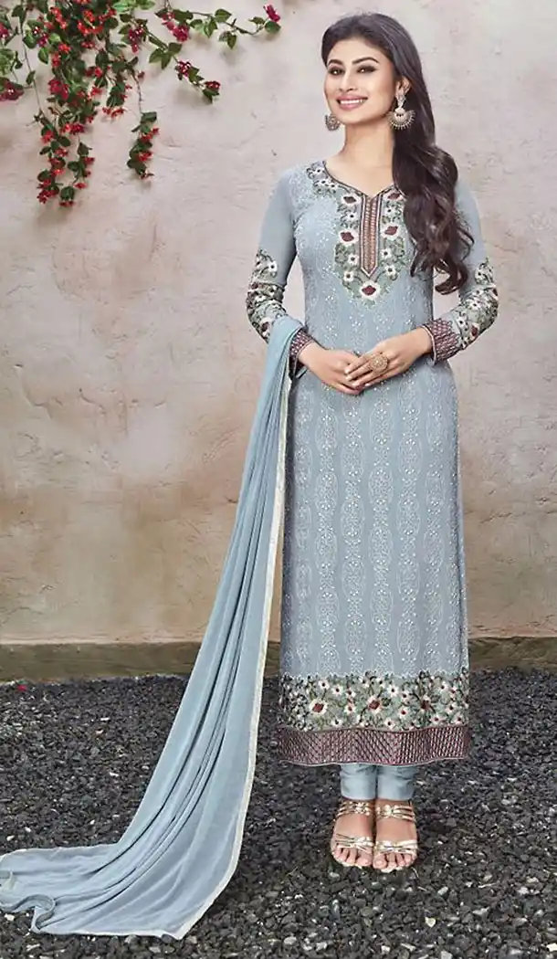 Slate Gray Georgette Straight Cut Stitched Churidar Kameez with Dupatta | FH436769182