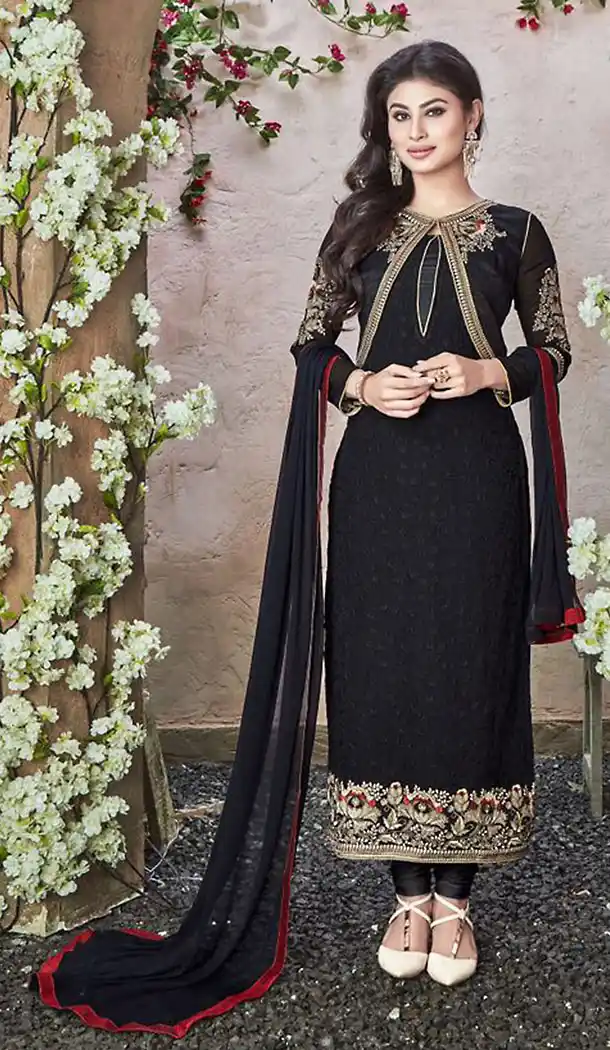 Black Georgette Straight Cut Stitched Churidar Kameez with Dupatta | FH436769183