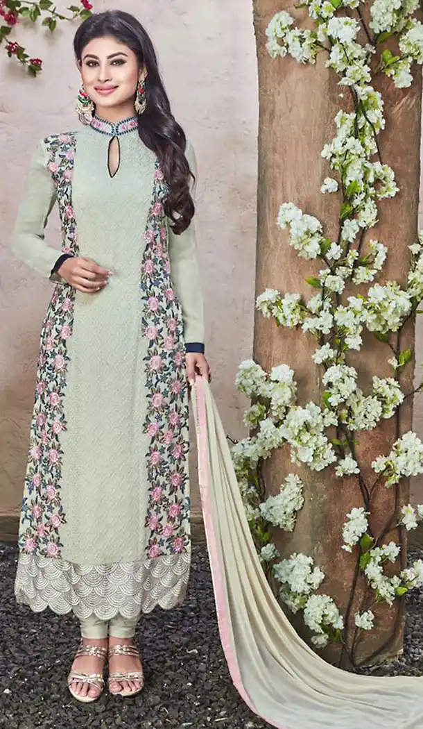 Honeydew Georgette Straight Cut Stitched Churidar Kameez with Dupatta | FH436769184