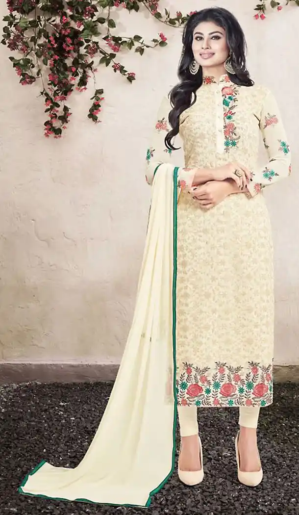Cream Georgette Straight Cut Stitched Churidar Kameez with Dupatta | FH436769185