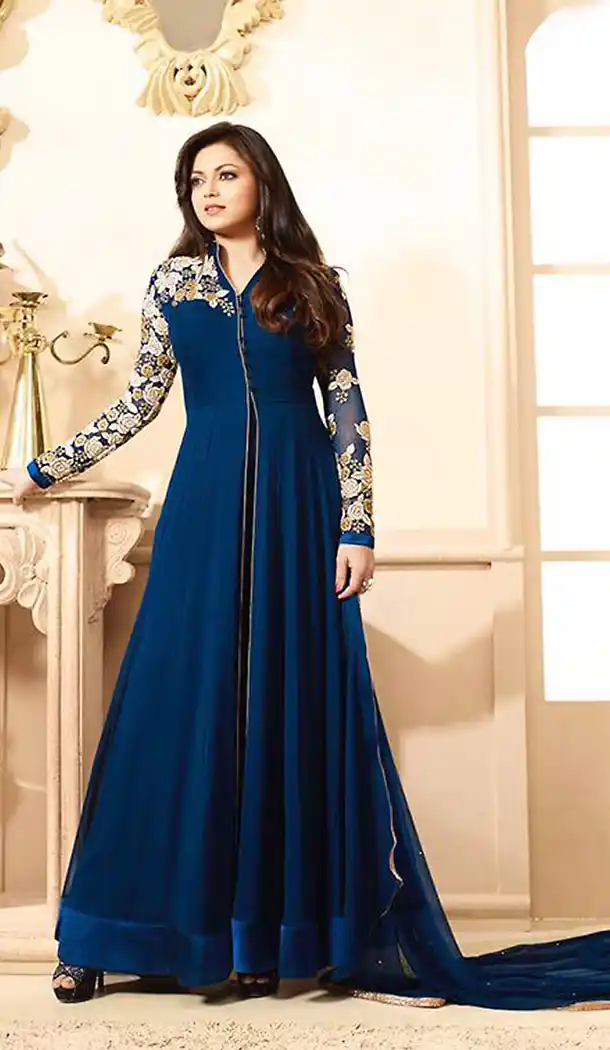 Navy Blue Georgette Achkan Style Party Wear Stitched Salwar Kameez with Dupatta | FH436869189
