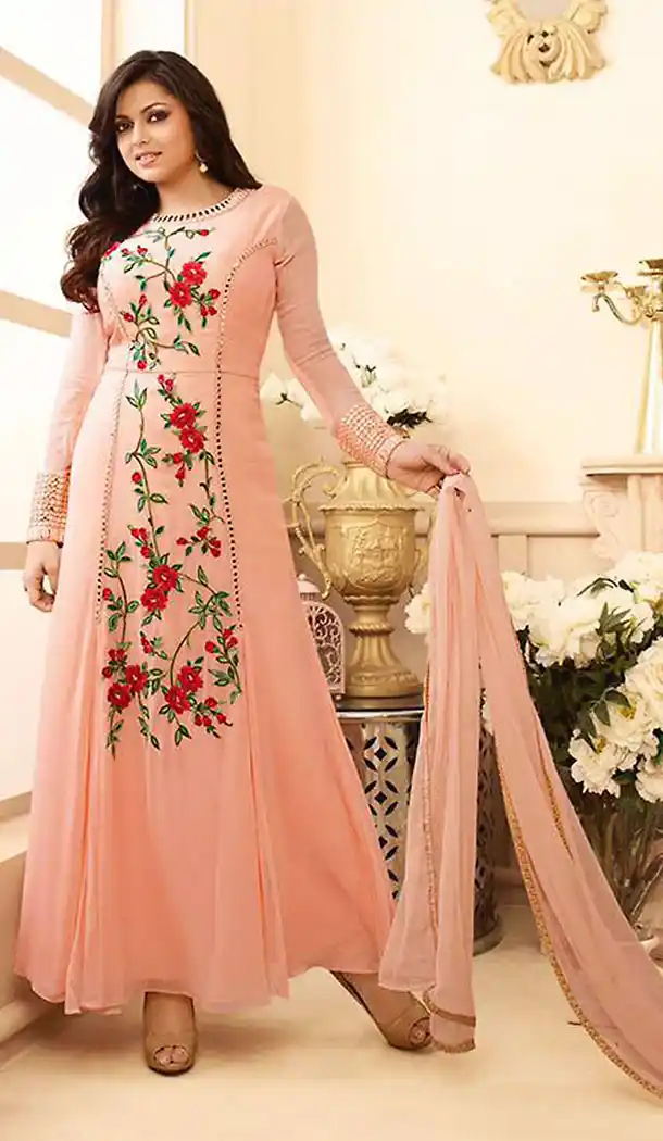 Peach Puff Georgette A Line Style Party Wear Stitched Salwar Kameez with Dupatta | FH436869191