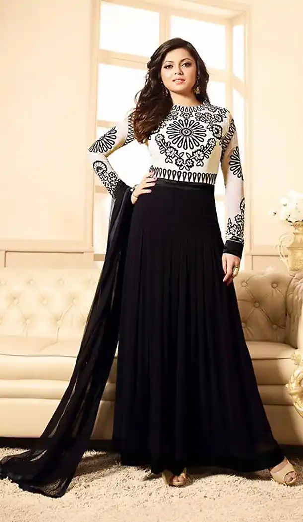 Black Georgette A Line Style Party Wear Stitched Salwar Kameez with Dupatta | FH436869192