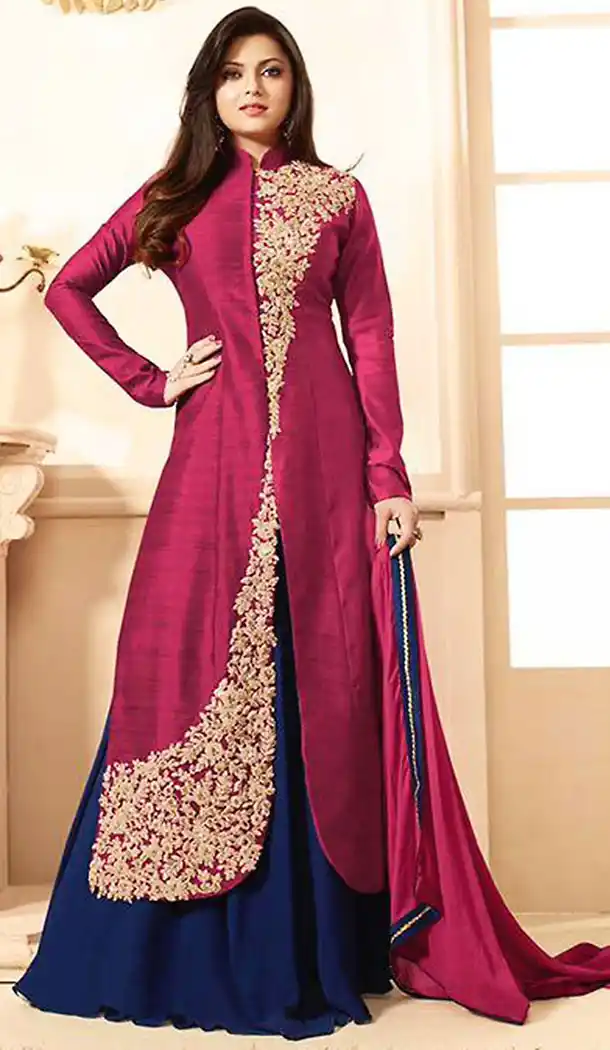 Crimson Silk Achkan Style Party Wear Stitched Salwar Kameez with Dupatta | FH436869193