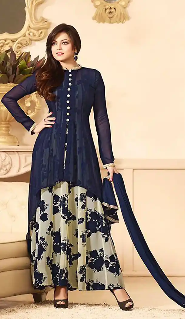Navy Blue Georgette A Line Style Party Wear Stitched Salwar Kameez with Dupatta | FH436869194