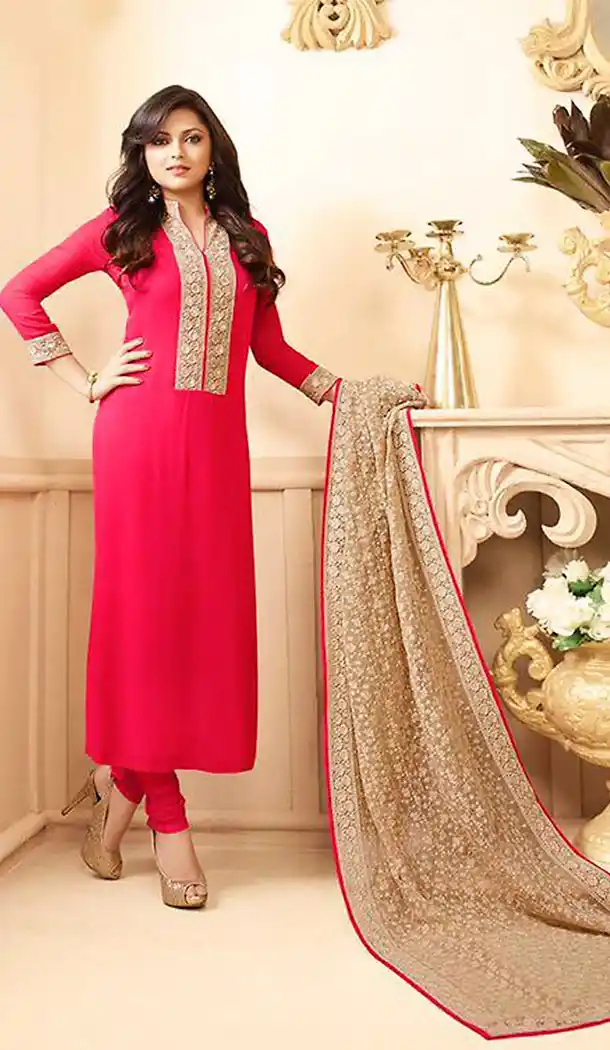 Deep Pink Georgette Straight Cut Style Party Wear Stitched Salwar Kameez with Dupatta | FH436869196